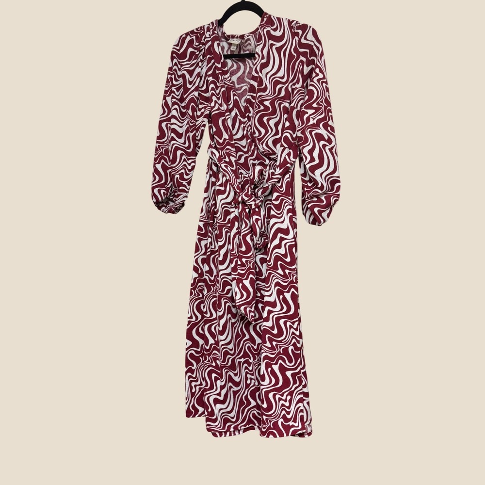Ava & Viv Burgundy Wavy Psychedelic Ribbed Wrap Midi Dress Size X Long Sleeve